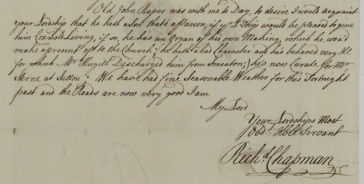 Letter 16 March 1760 c offering organ