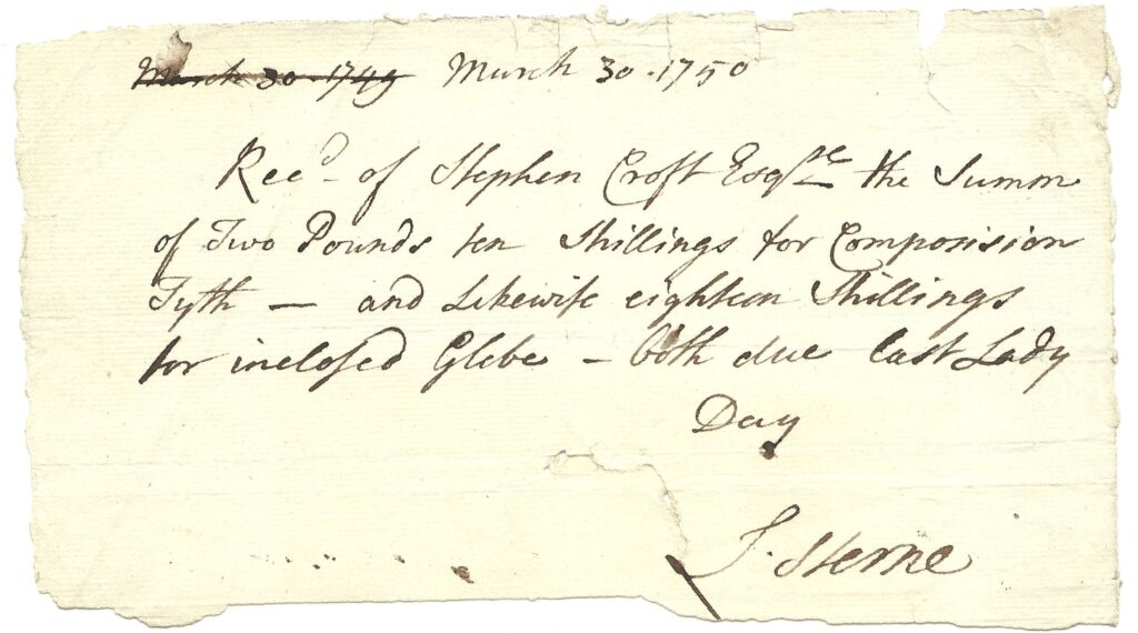 Tithe receipt for Stephen Croft from Laurence Sterne, 30 March 1750