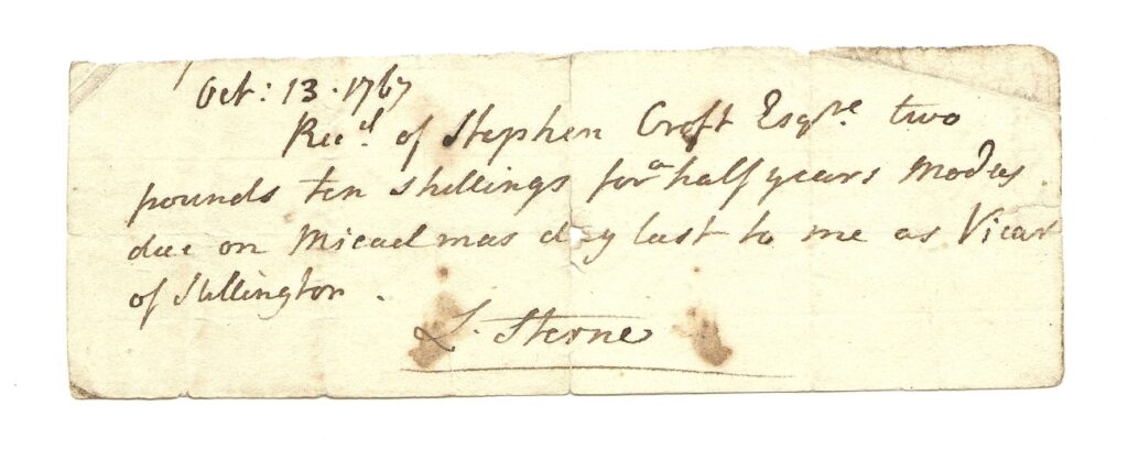 Tithe receipt for Stephen Croft from Laurence Sterne, 13 October 1767