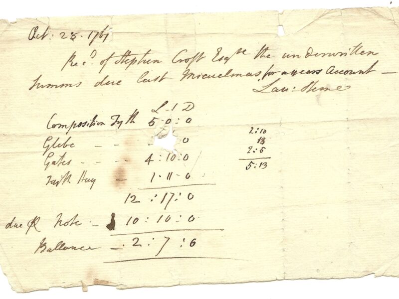 Tithe receipt for Stephen Croft from Laurence Sterne, 28 October 1761