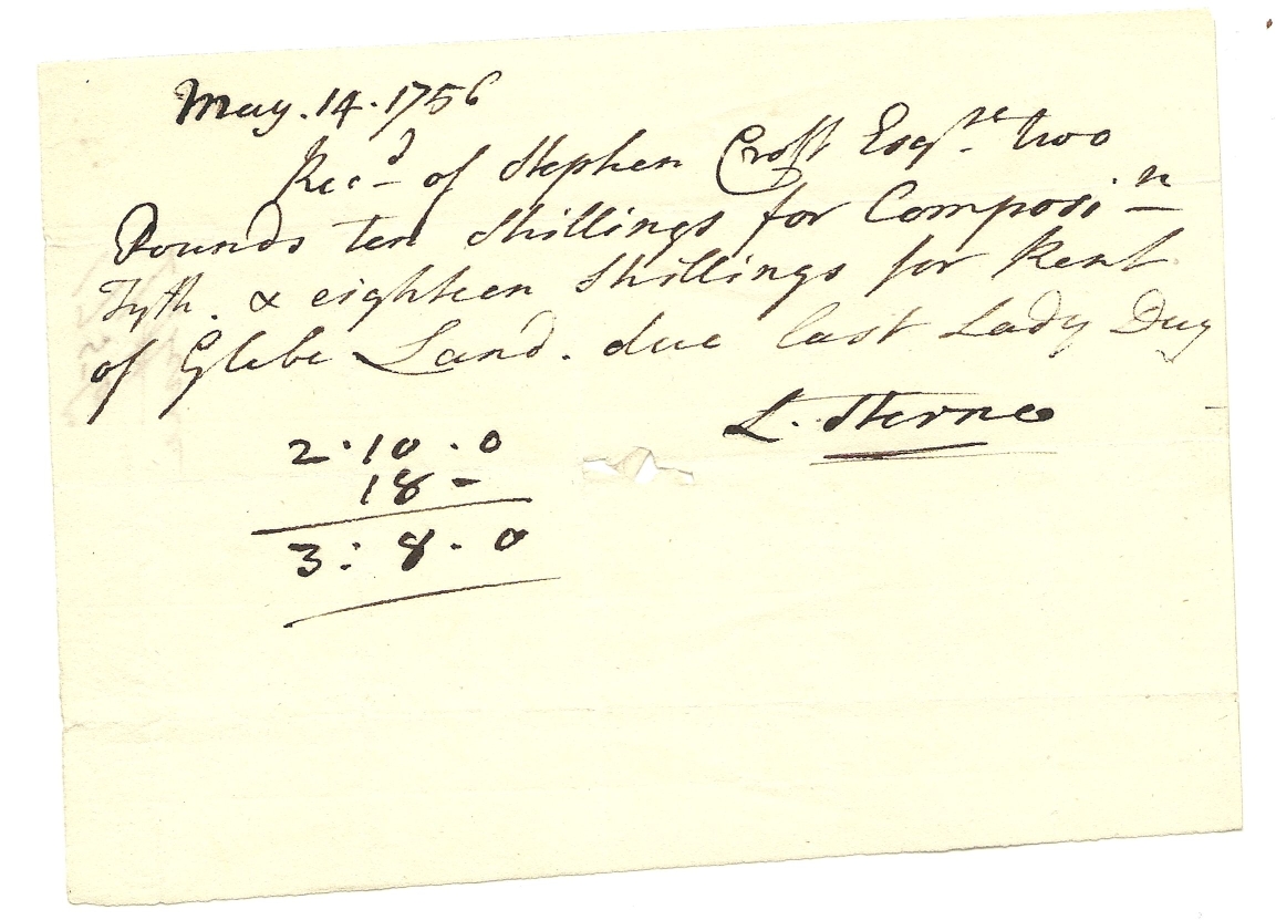 Tithe receipt for Stephen Croft from Laurence Sterne, 14 May 1756