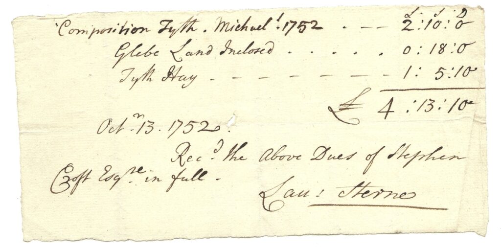 Tithe receipt for Stephen Croft from Laurence Sterne, 13 October 1752