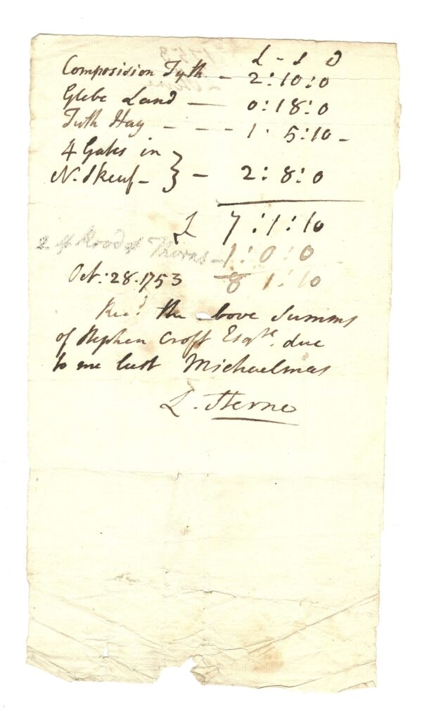 Tithe receipt for Stephen Croft from Laurence Sterne, 28 October 1753