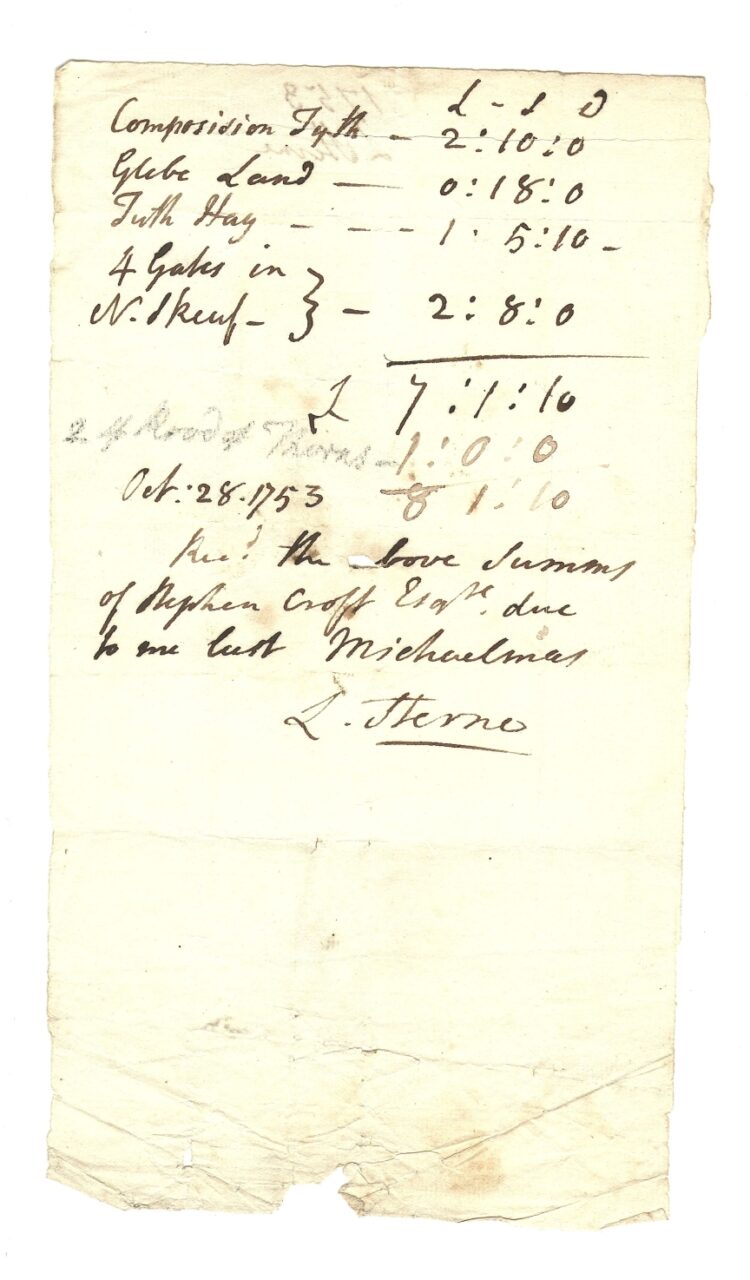 Tithe receipt for Stephen Croft from Laurence Sterne, 28 October 1753