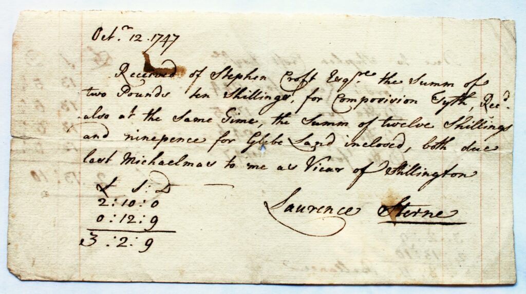 Tithe receipt for Stephen Croft from Laurence Sterne, 12 October 1747