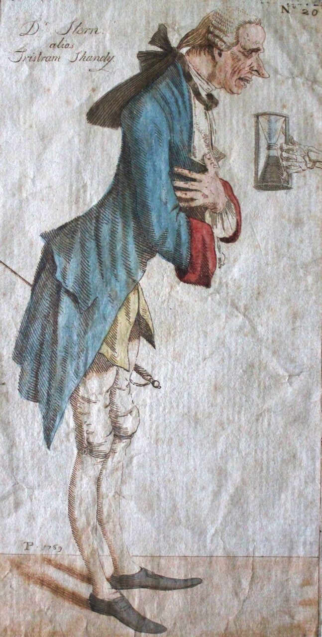 man in a blue coat and wig wears a sword