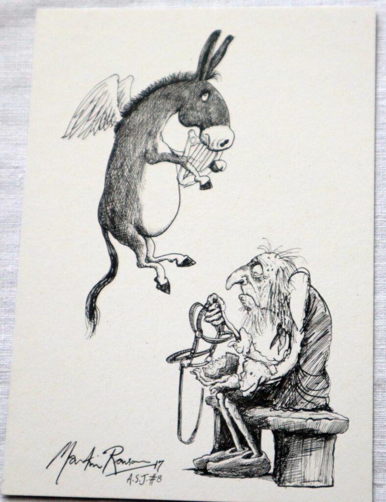 The Dead Ass - Martin Rowson image of a donkey flying while playing an angelic harp above the head of an elderly man